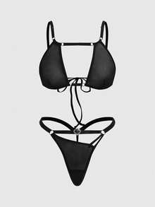 ROMWE Women's Gothic Mesh Triangle Bra And Thong Lingerie Set, Sexy - Black - View 1