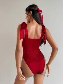 Aloruh 女士性感情人节纯红色蝴蝶结蕾丝连体衣 - 紅色 - 查看 2