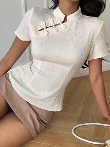 Aloruh Camisa de mujer de estilo chino nuevo con cuello de botones, manga corta y cintura ceñida, nueva llegada de primavera/verano - Albaricoque - Ver 4