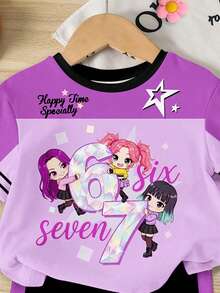 一套少女K-POP卡通女孩67号印花短袖针织T恤和配套短裤 - 彩色 - 查看 6