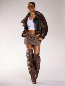 Normani Nouvelle veste courte de style blouson moto en patchwork de tissu PU épais et moelleux, doublé chaud, style léopard d'hiver - Tabac - Voir 3
