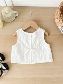 SHEIN LMoss Kids 女宝宝可爱夏季休闲百搭白色花卉刺绣吊带背心 - 白色 - 查看 5