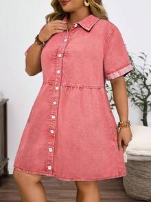 EMERY ROSE Vestido de mezclilla casual con botones delanteros para tallas grandes - Rosa - Ver 4