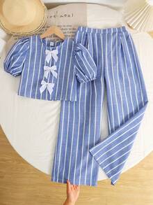 SHEIN 两件套少女休闲优雅条纹撞色蝴蝶结泡泡袖上衣和阔腿裤套装，蓝色，适合外出穿着，女童（大号）T恤套装 - 藍白色 - 查看 4