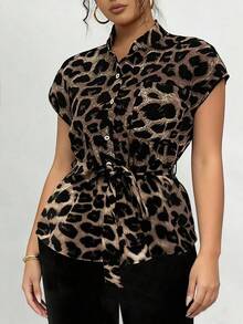 Elenzga Plus Size Women's Elegant Leopard Print Button-Decorated Belted Casual Blouse With Dropped Shoulder Design, Spring/Summer New Arrival - Multicolor - View 6