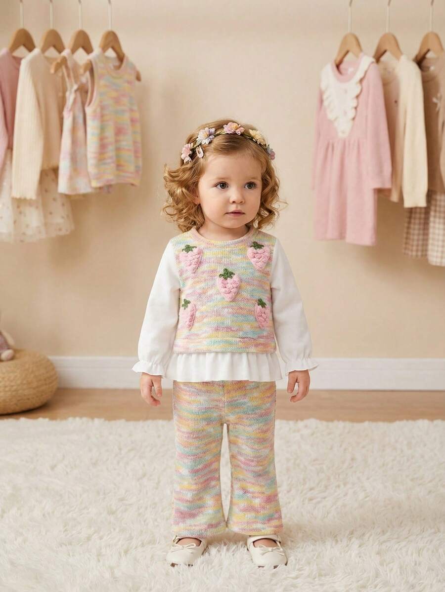 SHEIN Bộ 2 áo thun lông giả họa tiết dâu tây màu hồng dễ thương cho bé gái, áo sơ mi dài tay và quần dài thời trang thoải mái, bộ đồ màu cầu vồng cổ điển giản dị cho các buổi đi chơi hoặc du lịch mùa xuân/thu - màu đen - Xem 1