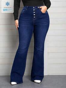 EMERY ROSE Plus Size Women Elastic Waist Jeans, Multiple Button Design Skinny Flare Pants - Dark Wash - View 1