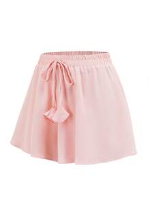 Chiquease 纯色弹力腰抽绳休闲宽松透气短裤 - 粉色 - 查看 3