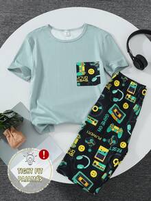 Bộ đồ ngủ 4 món/bộ in họa tiết trò chơi điện tử vừa vặn cổ tròn tay ngắn & quần dài cho bé trai tuổi teen - Nhiều màu - Xem 1