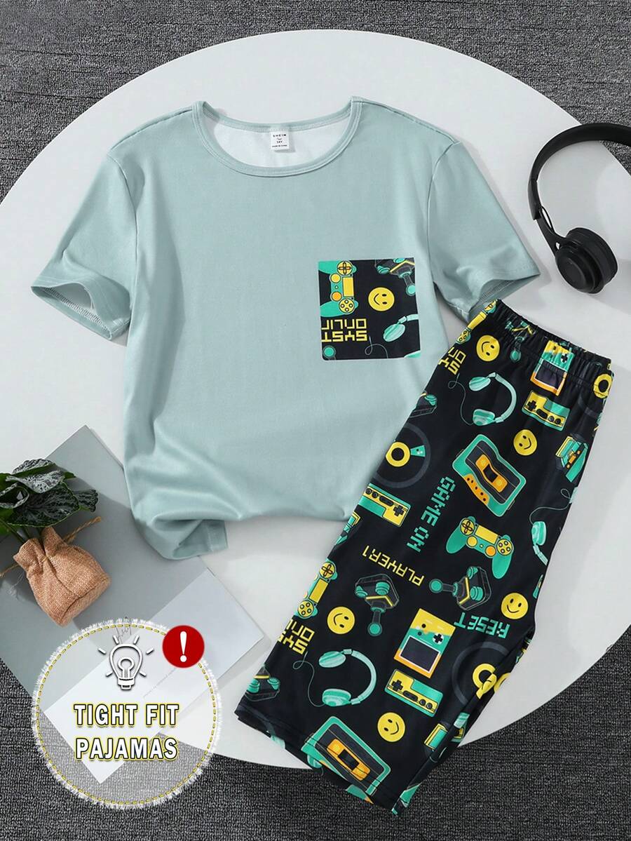 Bộ đồ ngủ 4 món/bộ in họa tiết trò chơi điện tử vừa vặn cổ tròn tay ngắn & quần dài cho bé trai tuổi teen - Nhiều màu - Xem 1