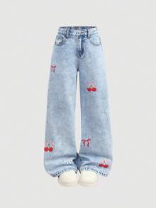 Girlism Thời trang thiếu nữ tuổi teen phong cách thường ngày Y2K cổ điển, cá tính, đường phố, trở lại trường học, đại học, họa tiết nơ và quả anh đào, đơn giản, thoải mái và dễ thương, quần jean denim xanh dáng rộng, trang phục hàng ngày mùa đông và mùa thu, lễ hội và thời trang đường phố. - Màu xanh lam - Xem 3