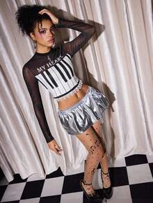 Y2Kool Maria Clara Maia Women's Black & Gray Y2K Artsy Music Festival Piano Print Lace Long Sleeve Mandarin Collar Fitted Sexy Crop Top, Valentine's Day - Black - View 1