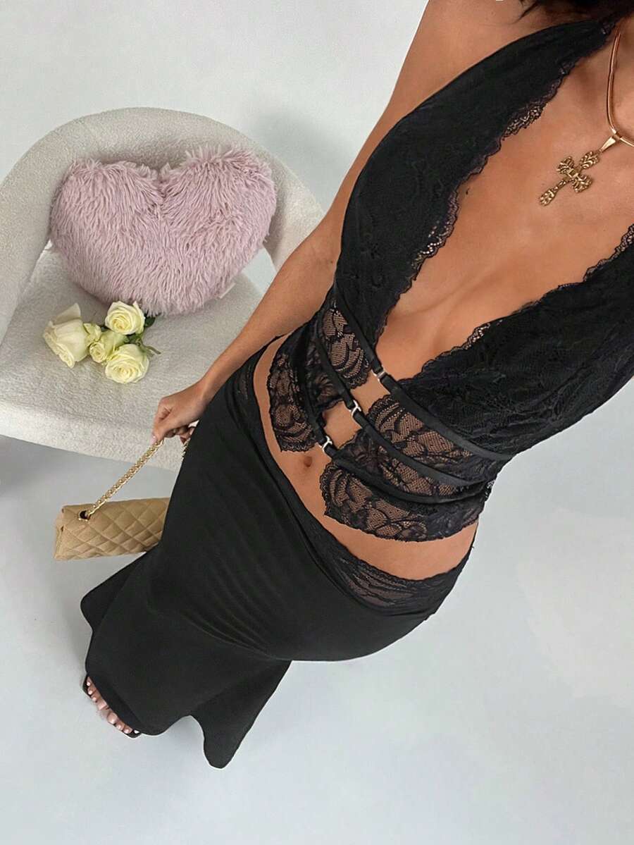 TRNVIE Black Lace V-Neck Backless Spaghetti Strap Camisole & Low Waist Lace Mini Skirt 2-Piece Set, Suitable For Party, Christmas, Valentine's Day, New Year - Black - View 1