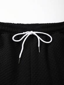 Manfinity Swimmode 大码男士纯色短袖衬衫和短裤沙滩套装 - 黑色 - 查看 7
