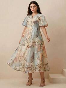 Anewsta Valentine Plus Size Women Elegant Puff Sleeve Pearl Button V-Neck Floral Print A-Line Dress - Apricot - View 4