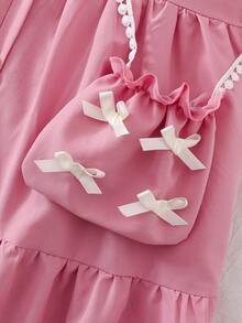 Girls' Sweet Bowknot Decor Puff Sleeve Button Front Dress,Pink And White,Summer,Cute,Flower Girl Princess Style Soft & Flowy Fabric For Summer Outings - Pink - View 8