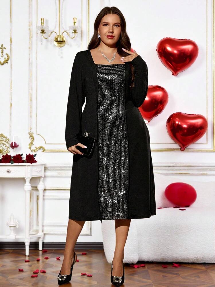 Sukienka damska plus size z kwadratowym dekoltem i długim rękawem, cekinowa, elegancka, karnawałowa, noworoczna, sukienka z cekinami, kolekcja jesień/zima 2025, elegancka sukienka na imprezę jesienno-zimową, damska, noworoczna