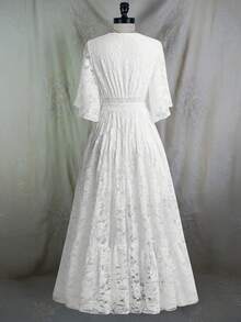 Sweetra 度假风，优雅宽松裤装，夏季女装，法式甜美优雅新娘婚纱，蕾丝刺绣面料，深V领荷叶边袖，收腰显瘦，浪漫连衣裙，女士约会晚礼服 - 白色 - 查看 4