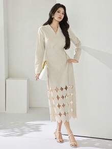 Heiryn Váy suông cổ chữ V khoét sâu màu trơn thanh lịch dành cho nữ, mùa xuân/thu - Màu be - Xem 5