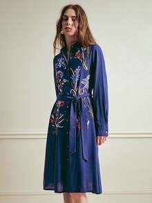 Écloséra 优雅休闲刺绣衬衫领长袖系腰A字中长连衣裙，适合春秋季穿着。 - 藏蓝色 - 查看 4