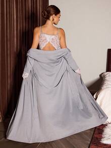SHEIN Women's Sexy Lace Patchwork V-Neck Backless Camisole Nightgown With Long Lace Trim Robe, 2 Pieces Set - Light Grey - View 4