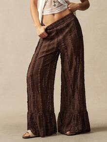 Bohemela BOHO Vacation Casual Brown Knit Lace Loose Wide Leg Pants For Women - Mocha Brown - View 1