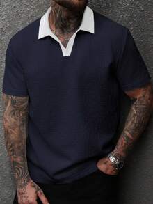 Manfinity CasualCool 男士撞色领短袖通勤休闲Polo衫，V领针织衫，男士纹理Polo衫 - 藏蓝色 - 查看 6