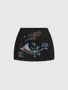 ROMWE Street Life Casual Sassy Eye Print Women Skirt - Black - View 1