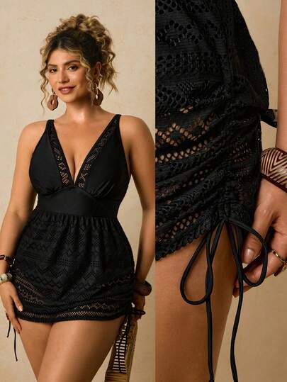 Travachic Büyük Beden Kadın Siyah V Yaka Tek Parça Mayo, Dokulu Kumaş, İpli Bel Detaylı