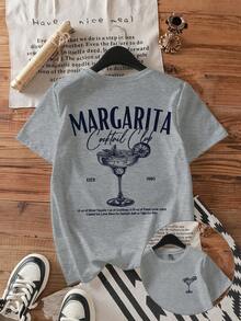 Attitoon Áo thun nữ dáng rộng, cổ tròn, tay ngắn, họa tiết ly cocktail tối giản, thích hợp cho mùa hè. - Màu Xám nhạt - Xem 7