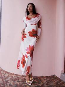 Opulessa Vestido ajustado con cuello en V profundo, estampado y de malla de punto para vacaciones - Blanco - Ver 6