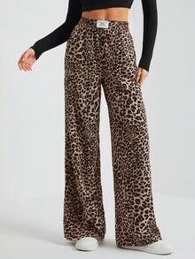 SHEIN Tall Women's Wide-Leg Street Trousers In Leopard Print Woven Cute Pants Wide-Leg Pants Wide Leg Pants Cheetah Pants Leopard Print Clothes Animal Print Pants Leopard Pants Animal Print Clothes - Multicolor - View 8