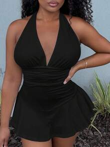 Alexandranx 女式露背高弹力腰部 A 字下摆紧身褶边连体裤 - 黑色 - 查看 5