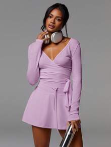 Athîral Women's Solid Color V-Neck Twist Waist Design Fashionable Versatile Long Sleeve Top For Daily Wear - Mauve Purple - View 3