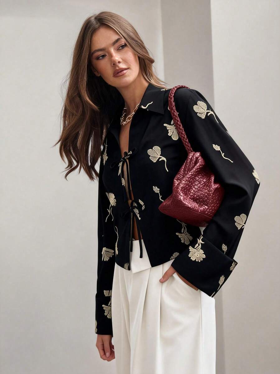 COSMINA 女士黑色刺绣亚麻长袖系带蝴蝶结衬衫，休闲度假波西米亚风长袖衬衫 - 黑色 - 查看 1