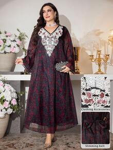 Al Najma Elegant V-Neck Beaded Floral Midi Dress With Flared Hem, Spring/Summer Kaftan Jalabiya Dress - Multicolor - View 4