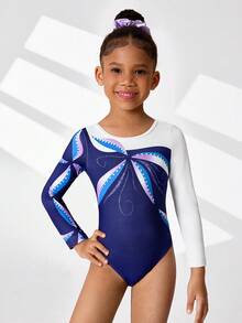 1件女童体操服，长袖印花弹力舞蹈服/运动服 - 紫色 - 查看 7