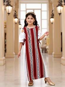 Young Girls Spring/Summer Geometric Print Dress, Woven Fabric White Solid Color Patchwork Geometric Print Dress, Suitable For Spring/Summer, Cute, Elegant, Comfortable Outfit For Girls, Suitable For Daily School, Outings, Vacations, Parties, Holidays Girls Long Dress Long Maxi Dress For Kids Girls Matching Dresses Cotton Long Dresses For Girls Mom Daughter Matching Dresses Kids Dresses