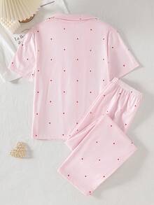 2pcs/Set Girls Heart Print Casual Soft Comfortable Cardigan And Pants Pajama Set - Pink - View 2