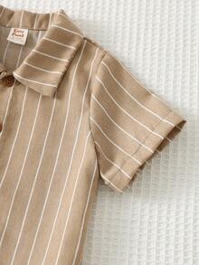 Cozy Pixies 2pcs/Set Baby Boy Blue And White Striped Summer Casual Family Matching Vacation Lapel Short Sleeve Cardigan Top,Elastic Waist Straight Leg Pants - Khaki - View 6