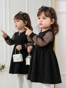 优雅可爱的黑色网眼拼布长袖连衣裙 - 黑色 - 查看 6