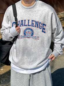 DAZY Men's Letter Print Pullover Sweatshirt, Light Grey, Spring/Autumn - Grey - View 1