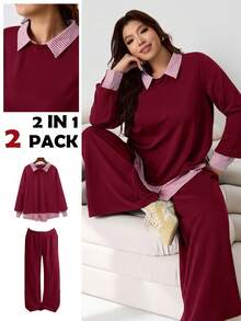 SHEIN EZwear 2025秋冬时尚两件套，百搭条纹衬衫叠穿卫衣搭配宽松长裤，适合休闲、约会、通勤、派对、居家穿着，大码可选，酒红色 - 酒紅色 - 查看 1