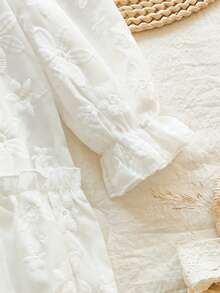 SHEIN Vintaside Kids 女童优雅公主风荷叶边领泡泡袖提花刺绣双层荷叶边下摆宽松公主裙，适合度假、旅行、派对、送礼、春秋季穿着。 - 白色 - 查看 7