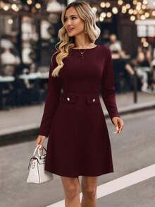 EMERY ROSE Vestido corto de mujer de unicolor elegante con cintura ceñida, adecuado para ir al trabajo - Burdeos - Ver 5