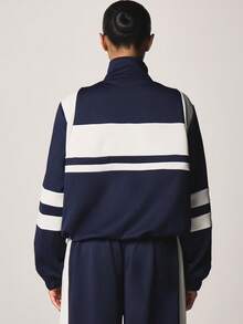 MISSGUIDED Navy Color Block Zip Front Track Jacket With White Contrast Panels And Stripes - Blue and White - View 2