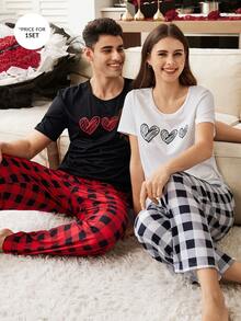 CoupledUp Ensemble de pyjama casual pour homme avec Top à manches courtes imprimé cœur noir et pantalon à carreaux rouge et noir