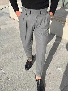 Calvornis Men's Fashionable Solid Colored Pleated Pants - Grey - View 1