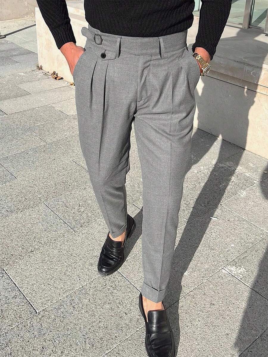 Calvornis Men's Fashionable Solid Colored Pleated Pants - Grey - View 1