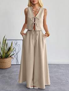 SHEIN EZwear Summer Khaki Woven Tie Strap Vest & Pants Women's Casual Suit - Mocha Brown - View 3